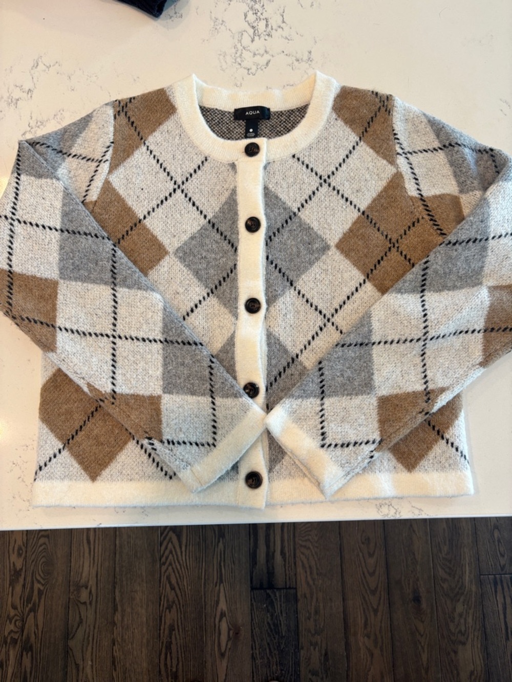 Aqua Cream, Brown & Gray Argyle Button-Front Cardigan M